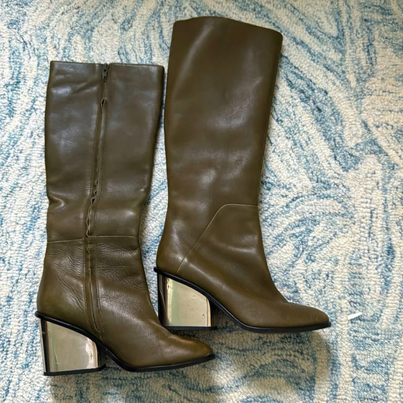 ALDO Johansson Olive Green Knee High Chunky Heel Leather Boots 7.5 - Picture 1 of 8